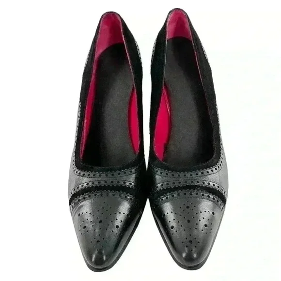 Emanuel Ungaro heels size 8.5 black Italian leather suede cap toe brogue career
